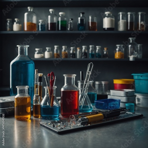 Medical science research equipment with colorful laboratory glass test tubes and chemical liquid analysis