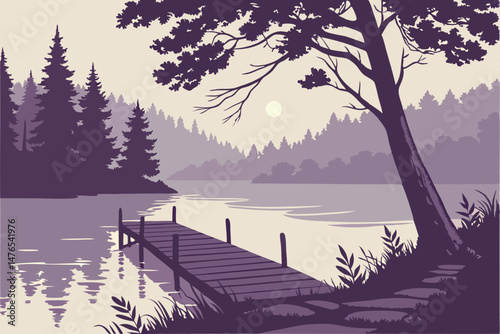 92 moody, atmospheric, wooden dock on a misty lake, dramatic lighting, coniferous forest, vibrant colors, detailed scenery, cinematic quality