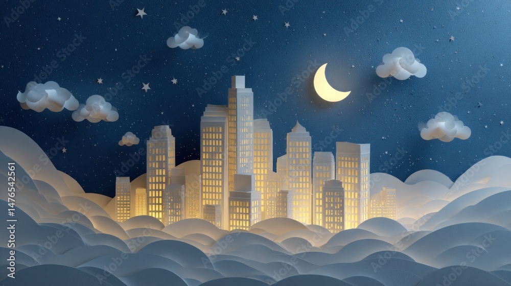 Fototapeta premium City nestled in clouds at night