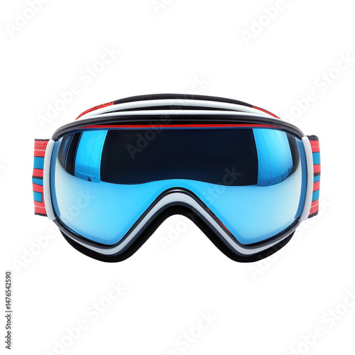 Ski goggles with blue tinted lenses and vibrant striped strap cutout isolated on transparent bg, png