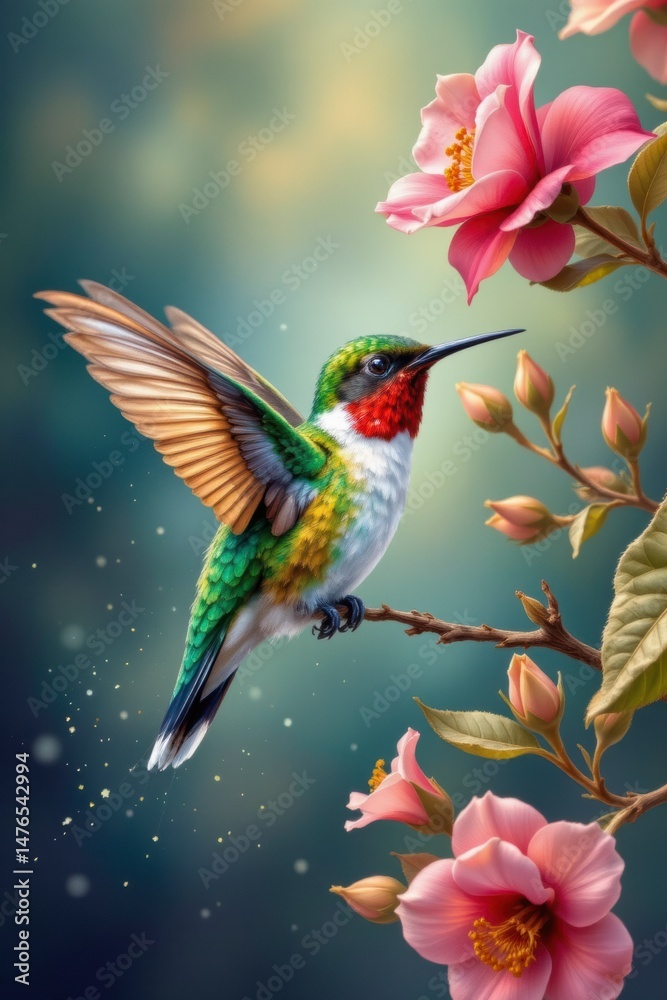 Fototapeta premium Vibrant Hummingbird with Pink Flowers Artistic Illustration