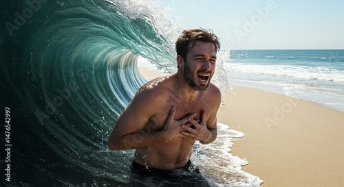 Man's Dramatic Struggle Within a Majestic Ocean Wave: A Surreal Seascape