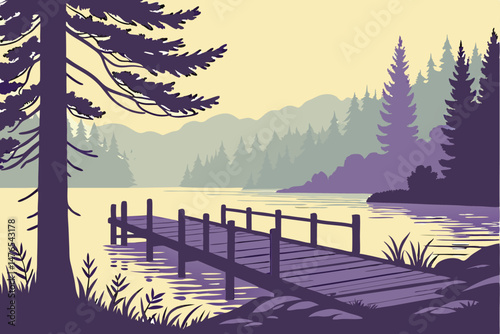 92 moody, atmospheric, wooden dock on a misty lake, dramatic lighting, coniferous forest, vibrant colors, detailed scenery, cinematic quality