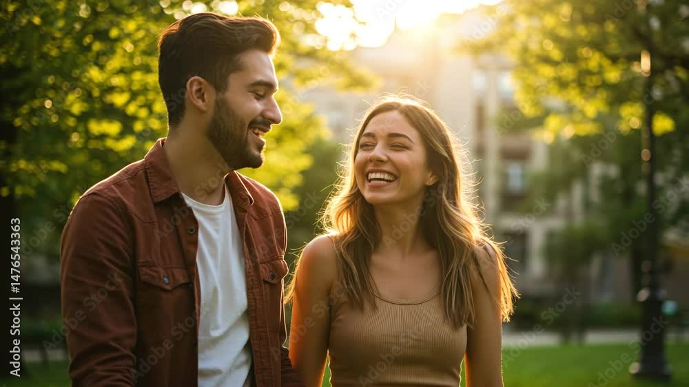 Young couple smiling and walking together in park during sunset Young couple smiling and walking together in park during sunset