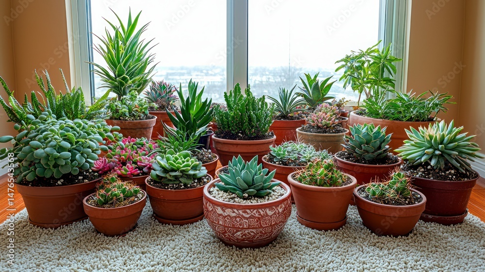 Fototapeta premium Potted succulents stand beautifully against the window light