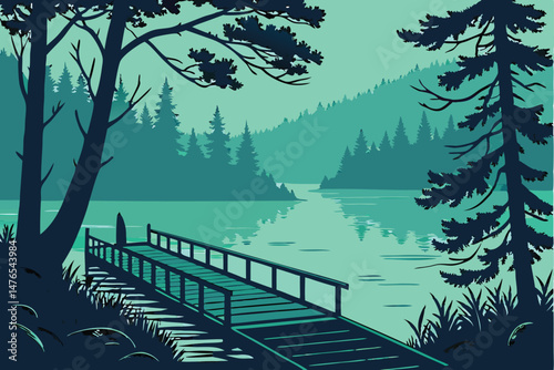 92 moody, atmospheric, wooden dock on a misty lake, dramatic lighting, coniferous forest, vibrant colors, detailed scenery, cinematic quality