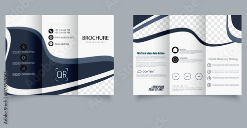 Tri fold wave brochure layout. Blue and white flyer. For design and print . Editable image.