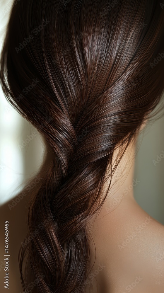 Naklejka premium Beautiful model girl with Brown hair strand,silky healthy chestnut wavy hair strand,hair wavy ribbon, with smooth,Keratin straightening,Treatment,straight long hair,procedures,Smooth hairstyle.