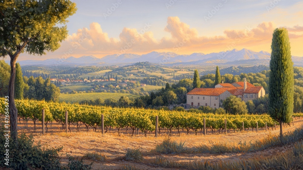 Naklejka premium Tuscan vineyard landscape at sunset