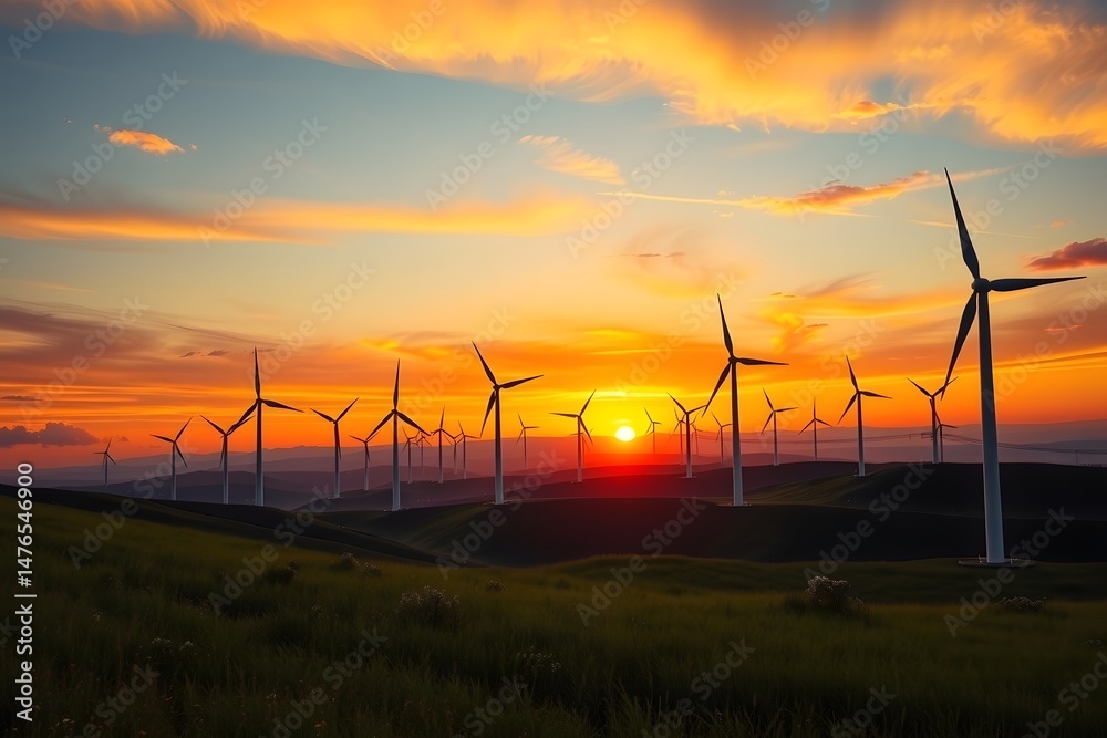 Fototapeta premium Wind Farm Landscape at Vibrant Sunset