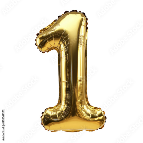 Golden number one balloon cutout isolated on transparent bg, png