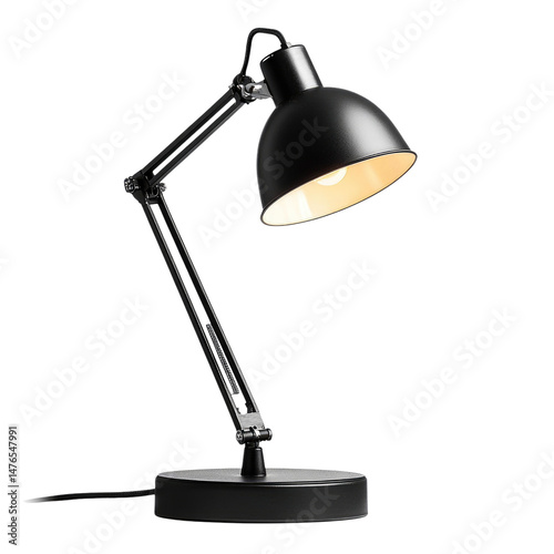 Modern black desk lamp design with adjustable arms for optimal lighting cutout isolated on transparent bg, png