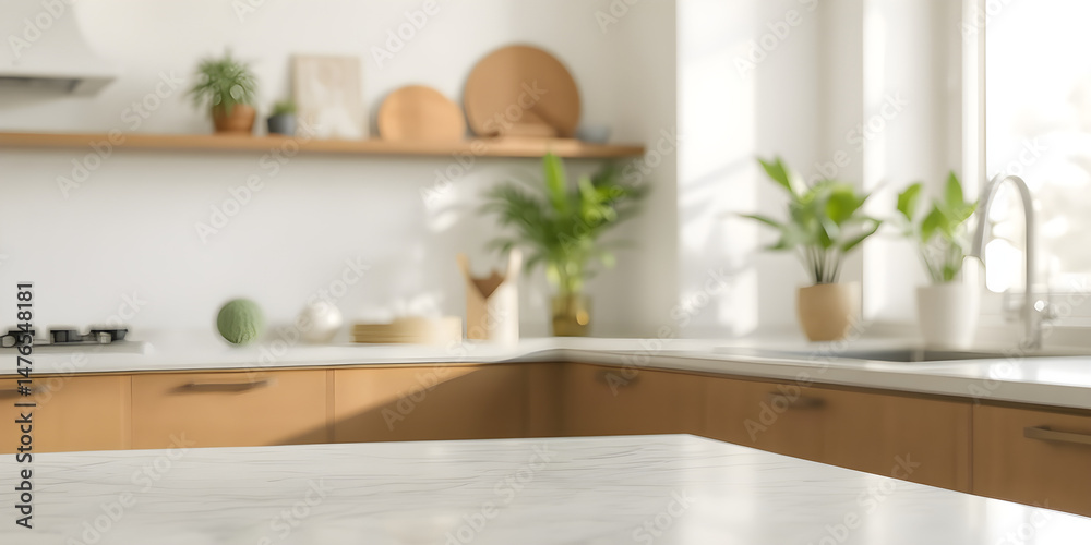 Fototapeta premium Empty marble table in modern kitchen. Sunny morning light streams through window. Blurred green plants