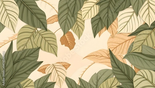 Elegant Botanical Leaf Pattern on Beige Background – Hand-Drawn Tropical Nature Illustration