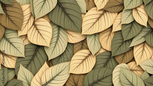 Elegant Vintage Botanical Illustration with Tropical Leaf Pattern on Neutral Background