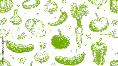 Green ink   various fruits and vegetables colorful seamless pattern with various vegetables icons on a green and white background