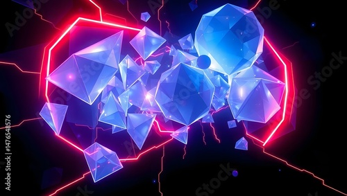 Glowing Sci-Fi Geometric Explosion with Neon Lights and Futuristic 3D Shapes in Motion