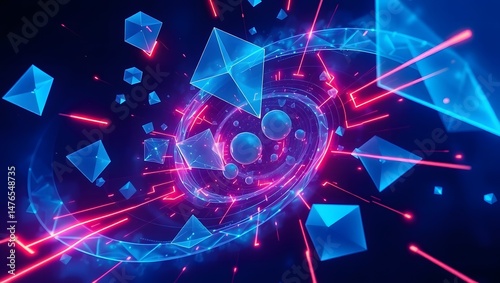Glowing 3D Geometric Crystals in a Neon Sci-Fi Tunnel – Futuristic Abstract Digital Background