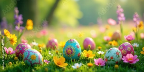 Decorative Easter Eggs Nestled Amongst Vibrant Springtime Blossoms in a Lush Green Meadow