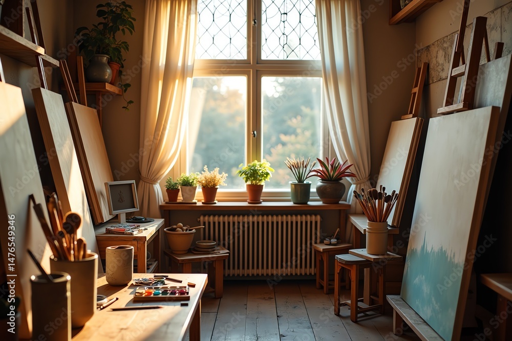 Fototapeta premium Artists sunlit studio with paintings plants