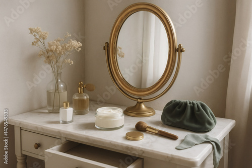Elegant Vanity with Marble Surface and Golden Accents in Soft Natural Light