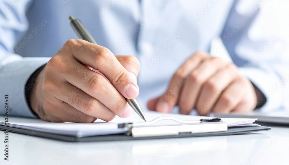 Close up of a businessman signing a document on a clipboard with a pen in hand, showcasing paperwork and office work Close up of a businessman signing a document on a clipboard with a pen in hand, showcasing paperwork and office work