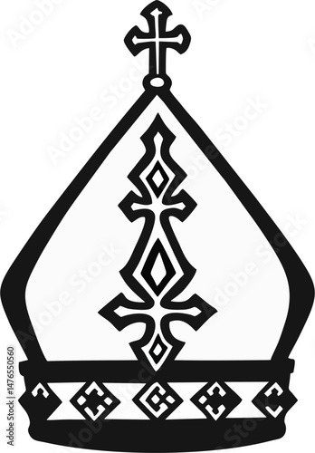 Geometric Bishop Mitre Vector with Cross – Black and White Religious Clergy Hat Illustration