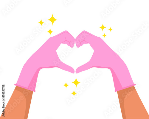 Doctor’s hands wearing pink latex Gloves showing LOVE HEART sign. Concept of support and kindness in community. Help and compassion in life. Flat vector illustration.