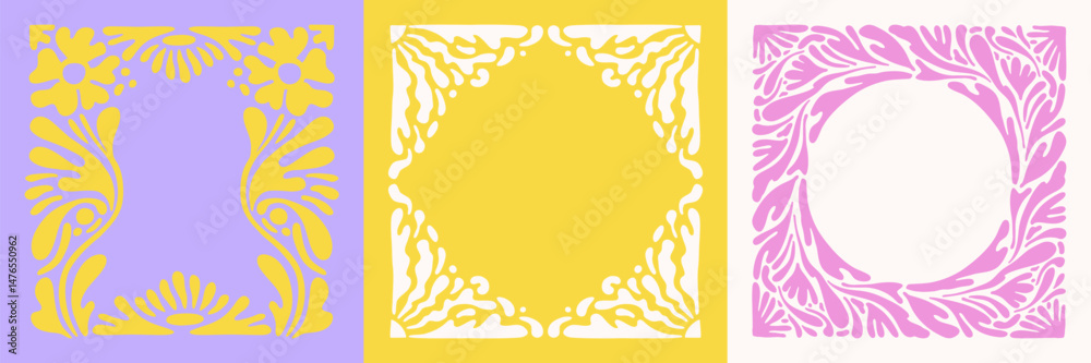 Vector illustration in simple naive and hippie groovy style, flowers and plants, floral botanic hand drawn design templates, frames and modern art prints, posters and placards with copy space