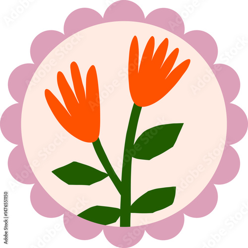 Cutout simple flowers postage stamps. Floral in vintage round frame vector illustration
