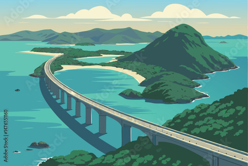 43 stunning aerial view of a long bridge over a turquoise ocean, with lush green islands and clear blue skies, photorealistic 8k, highly detailed, cinematic lighting, landscape photography