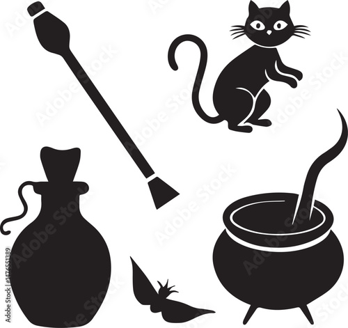 Witch Broom and Cauldron Vector Icons