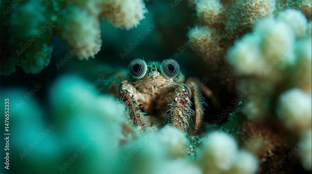 Hermit crab hidden within swirling corals, inquisitive gaze Hermit crab hidden within swirling corals, inquisitive gaze