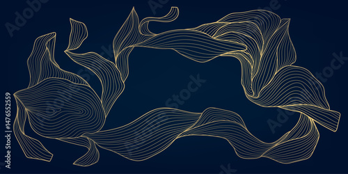 Vector art deco line golden leaves, floral wallpaper, palm nature drawing. Vintage summer ornament, foliage print, fancy design.