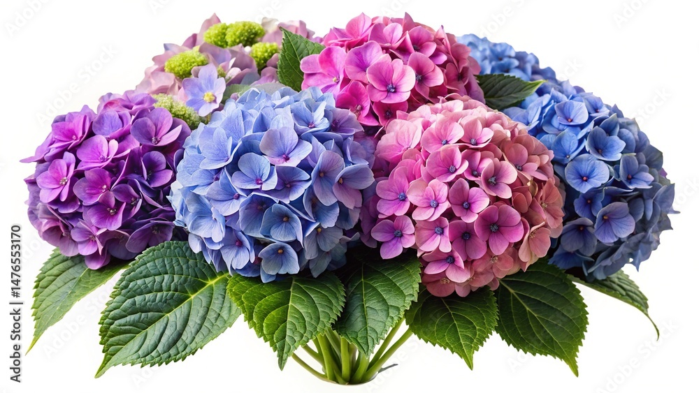 Fototapeta premium Beautiful bouquet of colorful hydrangeas in full bloom, isolated on white