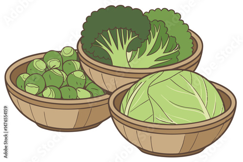 95 wooden bowls, various leafy green vegetables, broccoli, brussels sprouts, lettuce, cabbage, fresh produce, natural lighting, close-up, high-quality, detailed, photorealistic