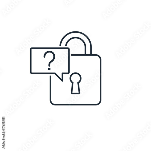 Lock with a question how to open it. Overcoming problems. Help in solving the task. Vector linear icon illustration isolated on white background.