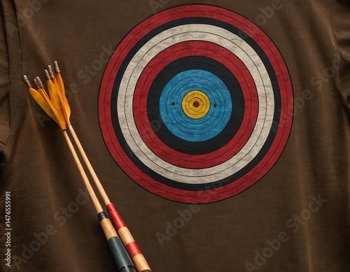 Close-up of an archery target design on a brown shirt with colorful arrows poised beside it.