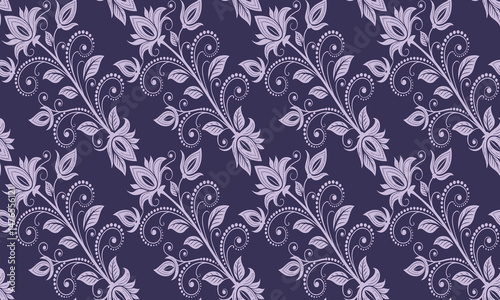 Seamless elegant floral pattern with decorative purple flowers and leaves on a dark background