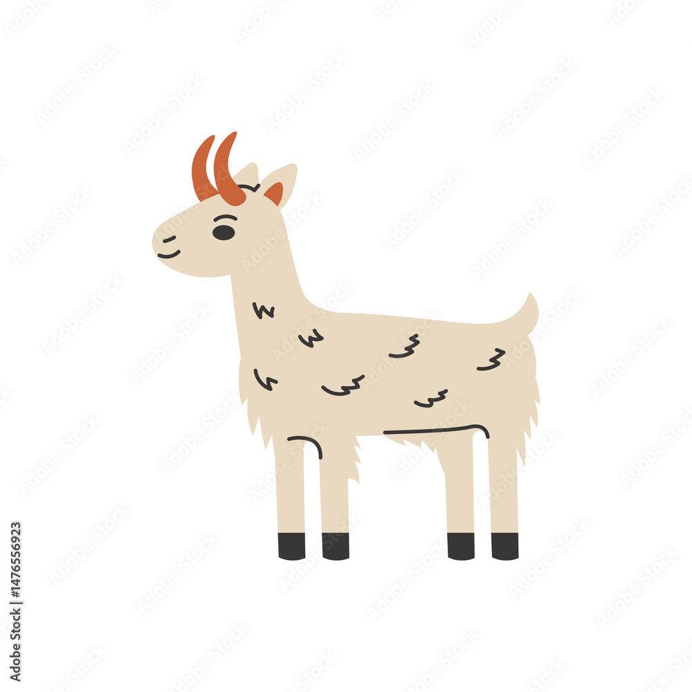 Fototapeta premium White Goat Vector Illustration. Cute fluffy horned Farm animal in cartoon flat style.