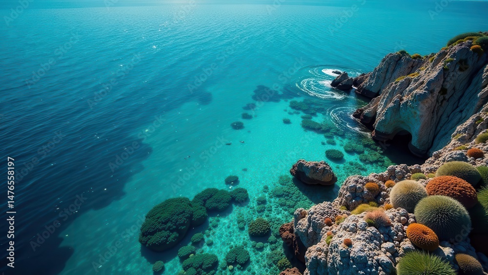 Obraz premium Coastal Cliffs and Vibrant Turquoise Waters A Stunning Aerial View of a Secluded Cove with Unique Coastal Vegetation