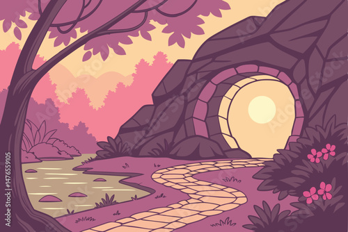98 a fantastical, dreamlike landscape with a glowing sun shining through a natural arch, a brick path leading to a mystical pool, lush foliage surrounding the scene, vibrant colors, highly detailed, c