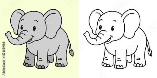 Cute elephant cartoon character coloring page vector illustration