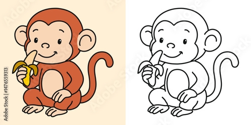 Cute monkey eating a banana cartoon character coloring page vector illustration