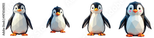 Cut Out Set of Low Poly Vector illustration Of Penguin Toy Isolated on Transparent or White Background.