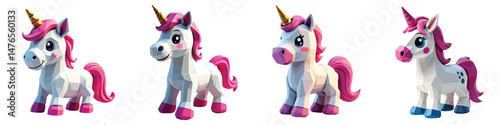 Cut Out Set of Low Poly Vector illustration Of Unicorn Toy Isolated on Transparent or White Background.