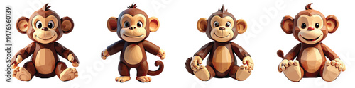 Cut Out Set of Low Poly Vector illustration Of Monkey Toy Isolated on Transparent or White Background.