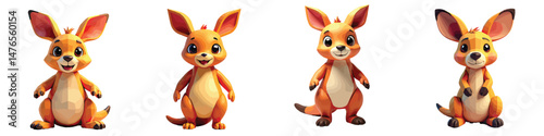 Cut Out Set of Low Poly Vector illustration Of Kangaroo Toy Isolated on Transparent or White Background.