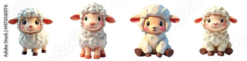 Cut Out Set of Low Poly Vector illustration Of Sheep Toy Isolated on Transparent or White Background.