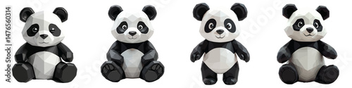 Cut Out Set of Low Poly Vector illustration Of Panda Bear Toy Isolated on Transparent or White Background.